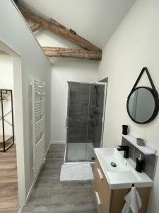 a bathroom with a shower and a sink and a mirror at Les Iris - Chambre Chêne in Avanton