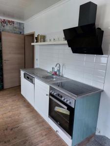 a kitchen with a sink and a stove at Schöne Wohnung direkt am Bach in Neunkirchen am Sand