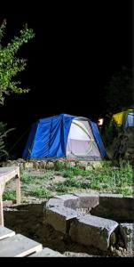 ein blau-weißes Zelt auf einem Feld in der Nacht in der Unterkunft Baseet Camping and Restaurant in Gulmit