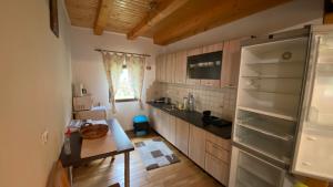 a kitchen with a refrigerator and a table in it at Casuta din poiana Rau Sadului in Rau Sadului