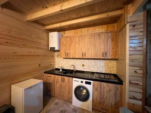 Zambula bungalov في طرابزون: غسالة ومجفف في مطبخ مع جدران خشبية