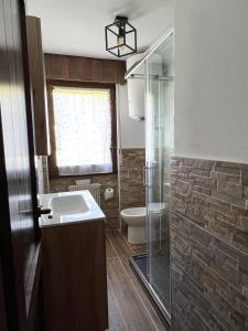a bathroom with a sink and a shower and a toilet at Monolocale in centro a Campiglio, ad 80mt dagli impianti in Madonna di Campiglio