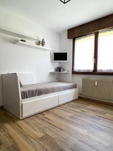 a bedroom with a bed and a tv on a wall at Monolocale in centro a Campiglio, ad 80mt dagli impianti in Madonna di Campiglio
