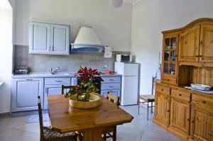 a kitchen with a wooden table with a potted plant on it at Agriturismo Villa Cheti in Spigno Monferrato