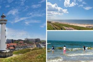 een collage van twee foto's van een vuurtoren bij Studio J. in Egmond aan Zee