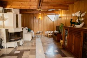 a living room with a couch and a fireplace at Willa Chruślice-Basen sezon,Sauna in Nowy Sącz