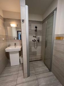 a bathroom with a shower and a sink at Hotel Residence Spalena in Prague