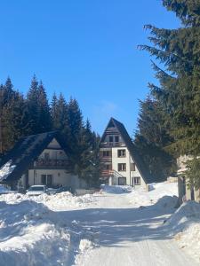 a large building in the snow with trees at Farmhouse Dzeni in Vlasic