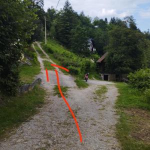 eine unbefestigte Straße mit orangefarbenen Bändern darauf in der Unterkunft Holiday home Mrežnički šum in Generalski Stol