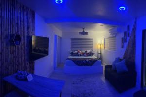 a blue room with a bed and a tv at cozy apartment, with separate entrance in Miami