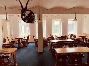 a dining room with tables and chairs and windows at Chata U Skota in Janov nad Nisou