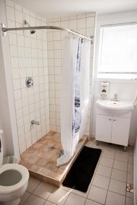 a bathroom with a shower and a toilet and a sink at Hôtel UNIQ - Domaine Saint-Bernard in Mont-Tremblant