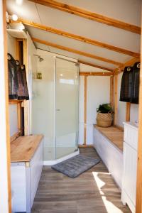 ein Bad mit einer Dusche und einem Waschbecken in der Unterkunft Hôtel UNIQ - Domaine Saint-Bernard in Mont-Tremblant
