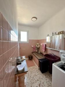 La salle de bains est pourvue d'un lavabo et d'un comptoir. dans l'établissement Appartement St Laurent, à Saint-Laurent-de-la-Salanque