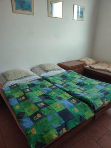 Una cama con edredón en una habitación en Soukromé pokoje s klubovnou a zahradou, en Slezské Pavlovice