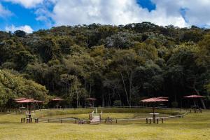 un parque con mesas y sombrillas frente a una montaña en Recanto da roça en Conservatória
