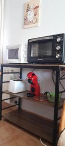 un horno microondas en la parte superior de un estante en Apartamentos El Prado en Valbona