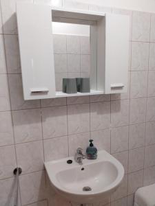 een badkamer met een wastafel en een spiegel bij Sobe Kraft 2 in Živogošće
