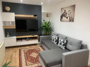 uma sala de estar com um sofá e uma televisão de ecrã plano em 51 Innes Street Apartment em Inverness