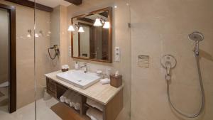 uma casa de banho com um lavatório e um chuveiro em Boutique Hotel ERB - Adults Only em Banská Štiavnica