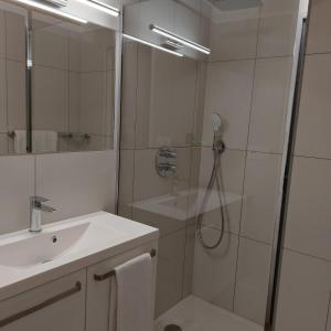 a bathroom with a shower and a sink at GÎTE de DRAGOUX in Bas Bouvante