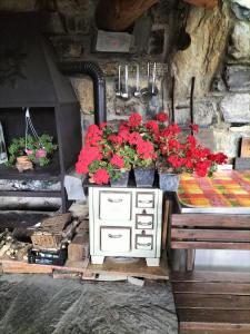 una mesa con flores rojas encima en Le Casette di Laila, en Colonno