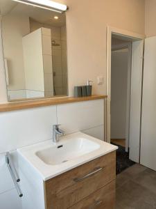 a bathroom with a sink and a mirror at Irreler Mühle Ferienwohnungen und Ferienhäuser in Irrel