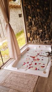 eine mit Blumen gefüllte Badewanne in einem Zimmer mit Fenster in der Unterkunft The Cottage Angochagua in Ibarra