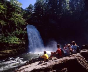 a group of people sitting on a rock near a waterfall at Hôtel des Trois Rois in Le Locle