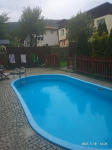 a large blue swimming pool in a yard at Lusia in Wisła