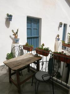 un banc en bois assis sur un balcon avec des plantes en pot dans l'établissement Casa 3 Guesthouse and Artist Residence, à Polopos