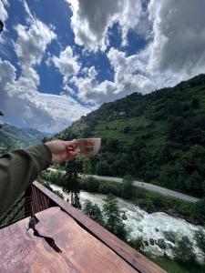 a person holding a cup of coffee overlooking a river at Sisorti süit bungalov in Rize