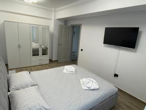 um quarto com uma cama e uma televisão de ecrã plano em Eric Apartment em Mamaia Nord – Năvodari