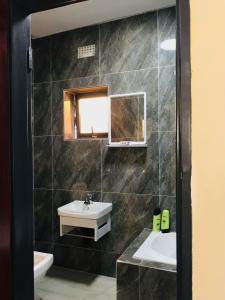 a bathroom with a sink and a mirror at Batoka Apartments in Lusaka