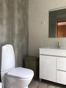 a bathroom with a white toilet and a sink at Adore Portugal Bungalow Natureza & Vista de Serra in Lousã