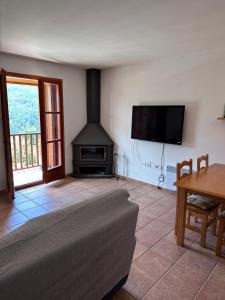 - un salon avec un canapé et une cheminée dans l'établissement Mountain Apartment: Pedraforca, à Saldes