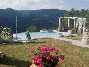 a man standing next to a swimming pool with flowers at B&B Ca' d'Andrea in San Martino