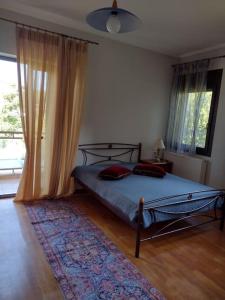 a bedroom with a bed and a rug on the floor at Villa by the river near meteora in Tríkala