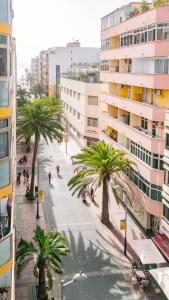 una calle de la ciudad con palmeras y un edificio en COZY APRTMENT SEAVIEW DISHWASHER, en Las Palmas de Gran Canaria