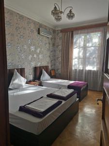 トビリシにあるEUROPEAN Backpackers Hostelのベッド2台と窓が備わるホテルルームです。