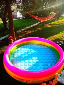 Savvinio Country Apartment في أليكساندروبولي: تجمع مياه كبير ملونة في الحديقة