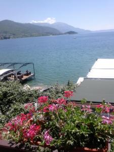 a view of a large body of water with flowers at Orhidea House in Ohrid
