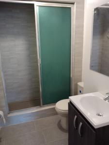 a bathroom with a shower and a toilet and a sink at Centro Histórico, candelaria -est Las aguas in Bogotá +16 photos