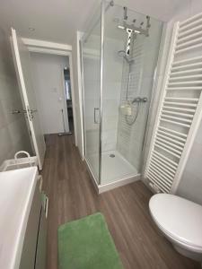 El baño incluye ducha, aseo y alfombra verde. en Trendy Appartement im Zentrum von Nördlingen 50 qm, en Nördlingen 13 fotos más