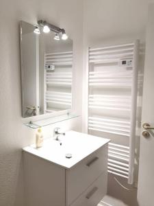 ein weißes Badezimmer mit einem Waschbecken und einem Spiegel in der Unterkunft LE BIKING *STUDIO (30m²) *WIFI*PARKING PRIVE*CALME in Lourdes