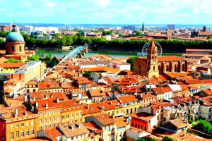 a view of a city with buildings and a bridge at Coeur Toulouse St Cyprien T1 bis type Loft in Toulouse