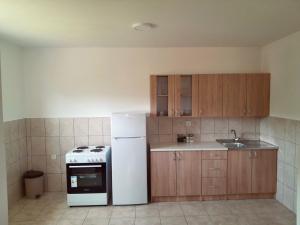 a kitchen with a white refrigerator and wooden cabinets at Villa Marija in Cetinje