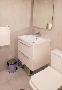 ein Badezimmer mit einem Waschbecken, einem WC und einem Spiegel in der Unterkunft Elizabeth apartment 2 bedroom sityBudva in Budva