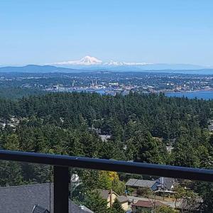 a view of a city with a mountain in the distance at Eagle's View Penthouse in Victoria