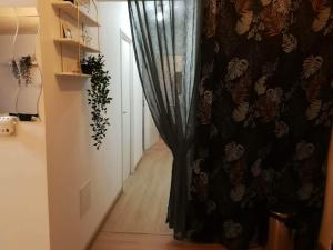 un pasillo con una cortina en una habitación en Bel appartement familial, en Cenon